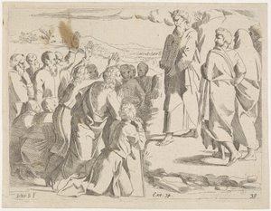 Mojżesz pokazuje ludowi tablice prawa Sceny biblijne (tytuł serii) Historia del Testamento Vecchio / Dipinta in Roma nel Vaticano da Raffaelle di Urbino (...) (tytuł serii)
