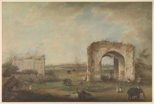 Widok meczetu i bramy w Motijhil, ok. 1814-1823 (nieprzezroczysta akwarela na papierze) autorstwa Sita Ram (attr. to)