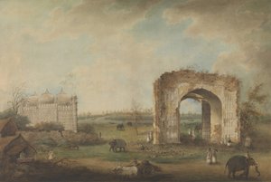 Widok na meczet i bramę w Motijhil, ca. 1814-23. autorstwa Sita Ram.