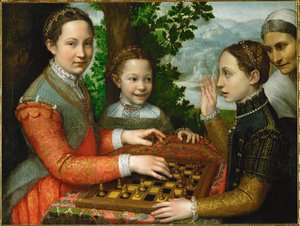 Gra w szachy z udziałem trzech sióstr malarza i służącego autorstwa Sofonisba Anguissola