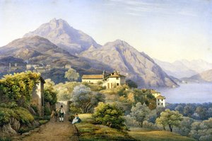 Como. Menaggio. Loveno i Góra Groma. 1840. Obraz S. Corrodi. Menaggio, Como. . autorstwa Solomon Corrodi
