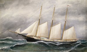 Szkuner "Robert Ingle Carter", w pełnym ożaglowaniu, zwodowany w 1891 r. w Bostonie (Massachusetts, USA) dla kupca węglowego w Newport (Rhode Island, USA). autorstwa Solon Francis Montecello Badger