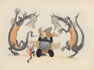 Ilustracja do Little Twin Dragons autorstwa S. Rosamond Praeger (kolorowa litografia)
