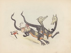 Ilustracja do Little Twin Dragons autorstwa S. Rosamond Praeger (kolorowa litografia)