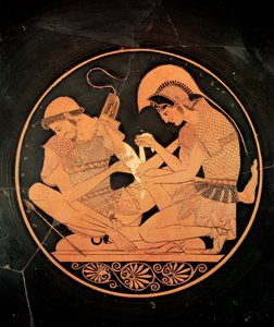 Wnętrze kiliksu z czerwonej figury na poddaszu, przedstawiającej Achillesa opiekującego się rannymi Patrocles, z Vulci, ok. 500 pne (ceramika) autorstwa Sosias Painter