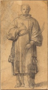 Stojący święty trzymający książkę i liść palmy autorstwa Spanish 17th Century