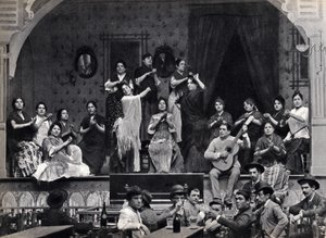 Sewilla, Hiszpania, taniec i scena muzyki flamenco w kawiarni. Fotografia, koniec XIX wieku,
