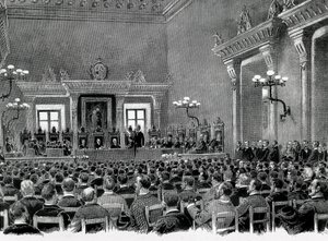 Spotkanie katalońskich nacjonalistów zebranych w ratuszu w Manresie w celu opracowania 16 baz służących katalońskiej konstytucji regionalnej w 1892 roku. Rysunek Jaume Pahissa. autorstwa Spanish School