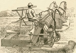 Maszyna żniwna ciągnięta przez konie, która mechanicznie wiązała snopy zboża, używana pod koniec XIX wieku. Z El Museo Popular opublikowany Madryt autorstwa Spanish School