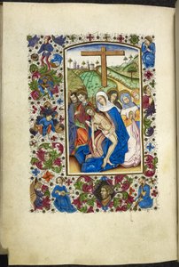 Dodaj MS 50004 f.70v Dziewica Maryja trzymająca ciało Chrystusa, z dwoma uczniami i kobietami obok niej, z „Księgi godzin” (tusz, kolor i złoto na welinie) autorstwa Spanish School