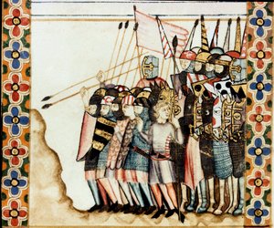 Armee des croises Fragment strony zaczerpniętej z rękopisu Pieśni Najświętszej Marii Panny (Cantigas de Santa Maria), zdobiąca miniatury poświęcone Najświętszej Marii Pannie i jej cudom, zbiór pieśni redyge za panowania Alfonsa X Mądrego (1221- 1284). autorstwa Spanish School