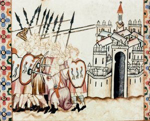 Armee Maurów broniące miasta Fragment strony zaczerpnięty z rękopisu Pieśni Najświętszej Marii Panny (Cantigas de Santa Maria), zdobi miniatury poświęcone Najświętszej Marii Pannie i jej cudom, zbiór pieśni redyge za panowania Alfonsa X w autorstwa Spanish School