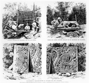 Artefakty odkryte w Chichen Itza przez Augustusa Le Plongeona, ilustracja z La Ilustracion Espanola y Americana 1877 autorstwa Spanish School