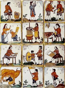Zawody rzemieślnicze: szewc, bednarz, wytwórca koszy wiklinowych, winiarz, lektor rysunkowy, muzyk, dojarz krów, temperówka, rolnik, ebenista. Katalońskie płytki ceramiczne (Hiszpania) autorstwa Spanish School