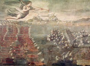 Bitwa pod Lepanto. Zwycięskie statki wpływające do portu w Mesynie (olej na płótnie) autorstwa Spanish School