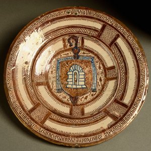 Blazon opactwa Poblet, opactwo cystersów w Katalonii. Płyta ceramiczna produkowana w pobliżu Walencji w Hiszpanii. XVI-wieczna Florencja, Museo Nazionale del Bargello autorstwa Spanish School