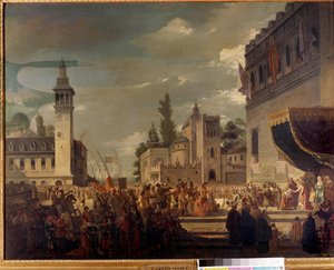 Krzysztof Kolumb przedstawia rdzennych mieszkańców Ferdynanda II i Izabeli I Kastylii w Barcelonie: przedstawienie mieszkańców obu Ameryk katolickim królom przez odkrywcę Krzysztofa Kolumba (1451-1506). Malarstwo autorstwa Garcii Ibanez autorstwa Spanish School
