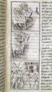 Kodeks podboju Meksyku: Hiszpanie gotowi do ataku na miasto Tenochtitian. Miniatura florenckiego manuskryptu "Storia degli Aztechi" (Historia Azteków) autorstwa Bernardino de Sahaguna autorstwa Spanish School