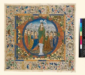 Kolaż z historycznym inicjałem i obramowaniem z Psałterza chóralnego, ok. 1482-1492 (pergamin) autorstwa Spanish School