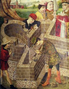Budowa kościoła, fragment z „Kościoła San Miguel” (olej na desce) autorstwa Spanish School