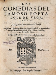 Okładka Komedii słynnego poety Lope de Vega Felixa Lope de Vega Carpio (1562-1635), wydanie 1604 (monografia drukowana) autorstwa Spanish School
