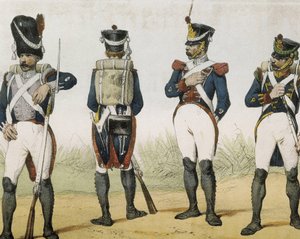 DE SOTTO, Serafin Maria, hrabia Clonard (1793 - 1862). Historia organica de las armas de Infanteria y Caballeria espanolas. 1851 - 1859. Piechota za panowania Ferdynanda VII Hiszpańskiego. Grenadier, strzelec, sierżant i kirasjer (1815-1820). Rycina autorstwa Spanish School
