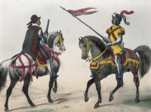 DE SOTTO, Serafin Maria, hrabia Clonard (1793 - 1862). Historia organica de las armas de Infanteria y Caballeria espanolas. 1851 - 1859. Kawalerzyści za panowania Filipa II Hiszpańskiego. "Heraldo de caballeria" (herald broni) i "hombre de armas" (Ma autorstwa Spanish School
