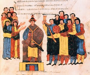 Dawid zostaje ogłoszony królem przed ludem Judy, z Wizygotycko-Mozarabskiej Biblii św. Izydora, fol.125r., AD 960 (tempera na welinie)