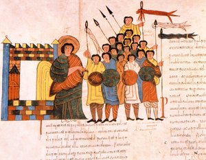 Wyjazd armii króla Dawida na wojnę, z Wizygotycko-Mozarabskiej Biblii św. Izydora, fol.131v., AD 960 (tempera na welinie)
