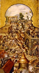 Przedstawienie okrucieństw popełnionych podczas walk o podbój Temple Mayor i placu Zocalo; autorstwa Spanish School