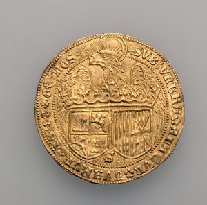 Podwójne excelente Ferdynanda II Aragońskiego (1452-1516) i Izabeli Kastylii (1451-1504), Mennica Sewilli, 1475 (złoto) (patrz 168057) autorstwa Spanish School