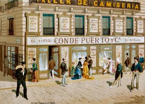 Moda: plakat reklamowy butiku sklepu tekstylnego „Conde Puerto” Barcelona. 19 wiek autorstwa Spanish School