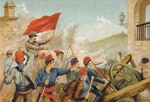 Walka między republikańskimi ochotnikami i żołnierzami, Sarria, Barcelona, 1874 autorstwa Spanish School