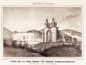 Pierwsza wojna karlistów (1833-1840): dom lub generał karlistów Tomas Zumalacarregui (1788-1835) został ranny po oblężeniu Bilbao autorstwa Spanish School