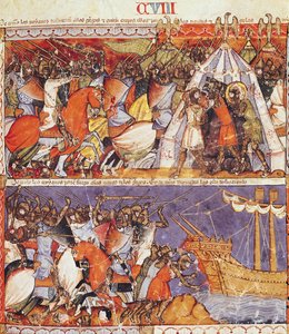 Fol.108r Trojanie najeżdżają obóz grecki i podpalają greckie statki, z Kodeksu Benito de Santa Mora autorstwa Spanish School