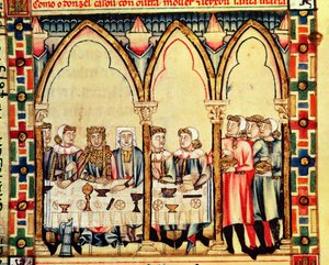 Fol.16v Bankiet zaręczynowy, z rękopisu wykonanego pod kierunkiem Alfonsa X Mądrego Króla Kastylii i Leona autorstwa Spanish School