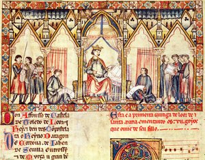 Fol.5r Dwór Alfonsa X (1221-84) Mądrego Króla Kastylii i Leona, miniatura z Cantigas de Santa Maria autorstwa Spanish School