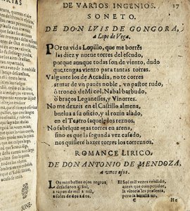 GOGOORA Y ARGOTE, Luis de (1561-1627). Hiszpański poeta Złotego Wieku; VEGA CARPIO, Felix Lope de (1562-1635). Soneto a Lope de Vega" (Sonet do Lope de Vega), wiersz zawarty w "Poesias varias de grandes ingenios espanoles", kompilacja wykonana przez Ios autorstwa Spanish School