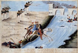 Generał Józef (Józef) Antoni Poniatowski (1763-1813) tonie podczas próby wyprzedzenia Eltera w bitwie pod Lipskiem (Bitwa Narodów), aby uniknąć złapania przez aliantów w październiku 1813 r. Akwarela Szkoły Hiszpańskiej - 1813 Ile d