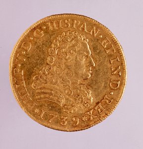 Złota moneta (8 ecu) z Hiszpanii: panowanie Filipa (Filippo lub Filipa) V (1700-1746). 1739 śr. 3,6 cm Neapol, muzeum archeologiczne autorstwa Spanish School