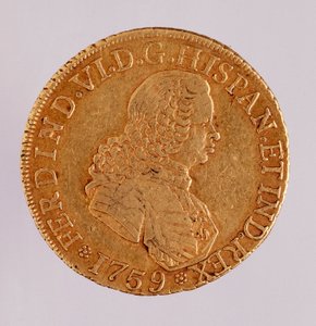 Złota moneta (8 ecu) z Hiszpanii: Panowanie Ferdynanda VI (1746-1759). 1759 Średnica. 3,5 cm Neapol, muzeum archeologiczne autorstwa Spanish School