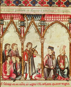 Grupa trubadurów, ilustracja z Cantigas de Santa Maria, wykonana pod kierunkiem Alfonsa X (Mądrego) króla Kastylii i Leona (1221-84) (patrz także 56625) autorstwa Spanish School