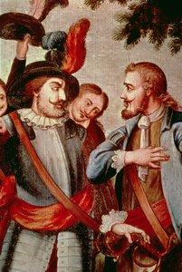 Hernando Cortes (1485-1547) i Diego di Velasquez (1465-1524) (olej na płótnie) (detal) (patrz 113574) autorstwa Spanish School