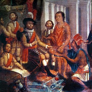 Hernando Cortes (1485-1547) odbierający hołd Azteków (olej na płótnie) autorstwa Spanish School