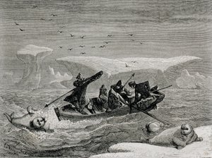 Polowanie na morsa z harpunami na Spitsbergenie, archipelag Svalbard, ilustracja z „Powrotu do świata”, 1865 autorstwa Spanish School