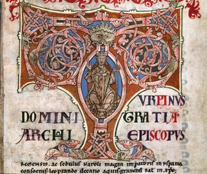 Inicjał T z przedstawieniem Karola Wielkiego, ilustracja z Codex Calixtinus, c.1140 autorstwa Spanish School