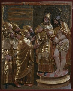 Jezus przed Kajfaszem, fragment renesansowego ołtarza (drewno malowane i złocone) autorstwa Spanish School