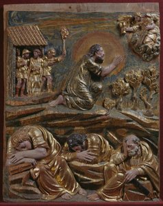 Jezus w Ogrójcu, fragment renesansowego ołtarza (drewno malowane i złocone) autorstwa Spanish School