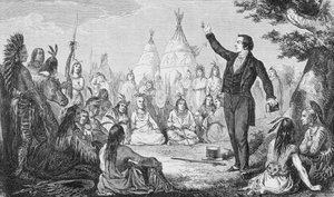 Joseph Smith, założyciel Kościoła Mormonów, Głoszenie dla Indian, z „La Vuelta al Mundo”, opublikowanej w Madrycie, 1865 (rycina) autorstwa Spanish School