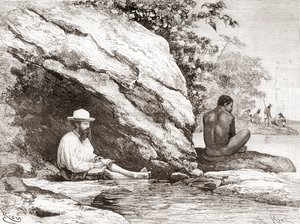 Jules Crevaux, podczas eksploracji Gujany Francuskiej w 1878 r., w cieniu skały na brzegu rzeki Oyapock lub Oiapoque autorstwa Spanish School